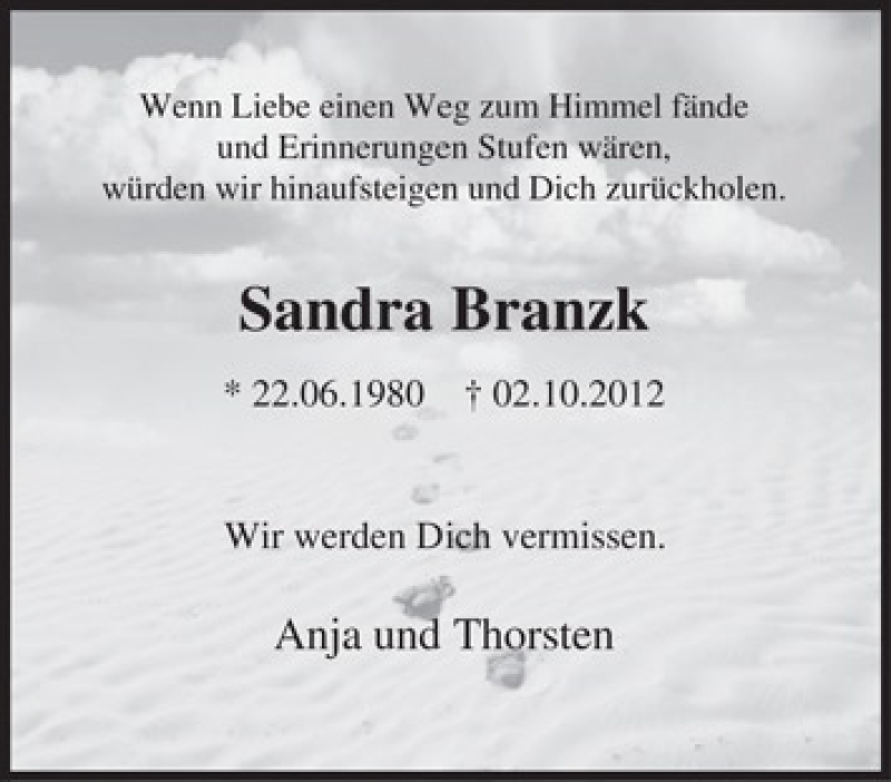  Traueranzeige für Sandra Branzk vom 19.10.2012 aus Tageszeitung